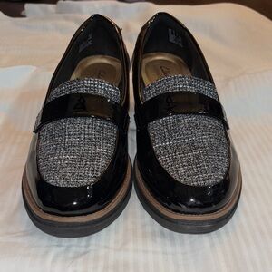 Clarks Black and Gray Tweed Loafers